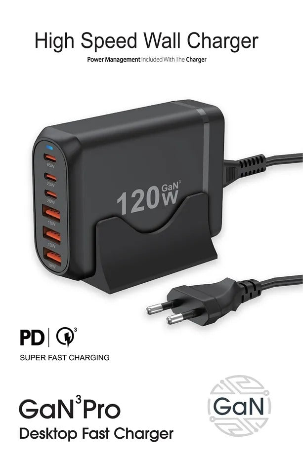 120W GaN³ Çoklu USB Hızlı Şarj Adaptörü | 6 Port PD & QC 3.0 Destekli Masaüstü Şarj Cihazı