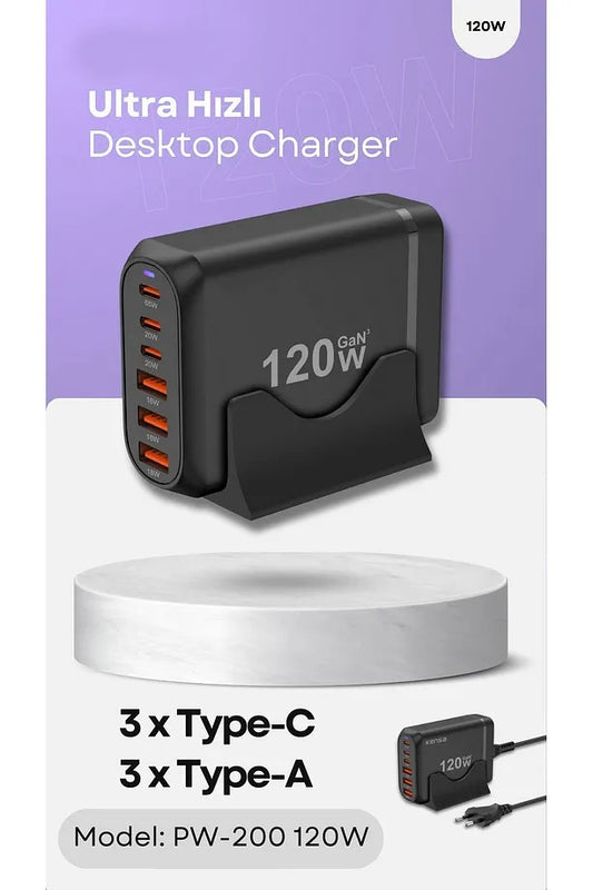 120W GaN³ Çoklu USB Hızlı Şarj Adaptörü | 6 Port PD & QC 3.0 Destekli Masaüstü Şarj Cihazı