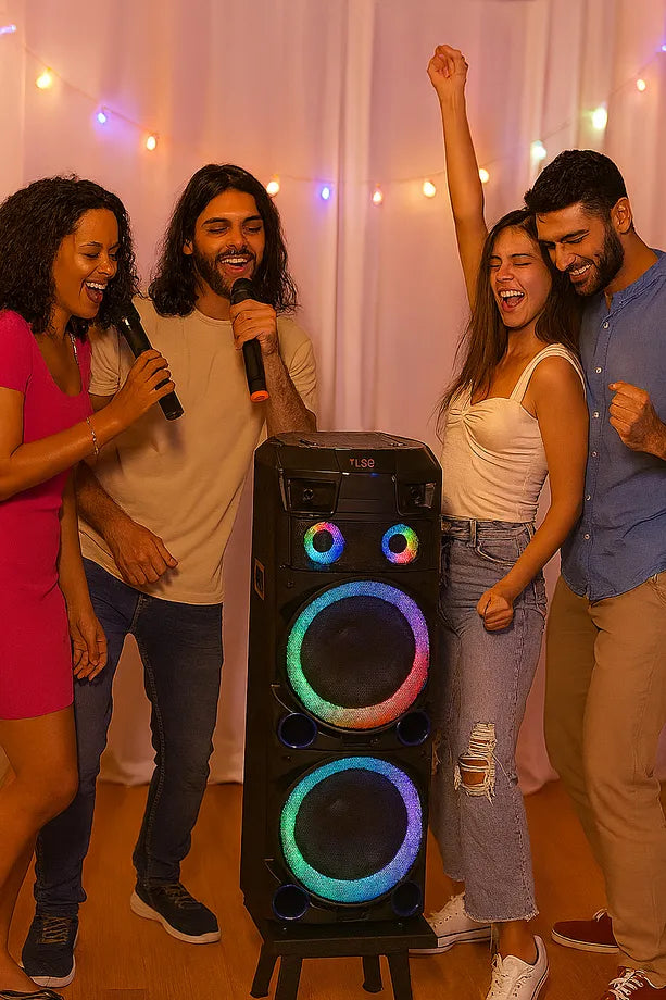 Kamp – Parti – Karaoke İçin Dev Speaker | 3000W LED Işıklı Bluetooth Hoparlör | 2 Mikrofonlu