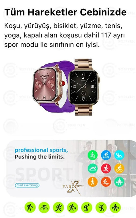 3’ü 1 Arada Akıllı Saat Seti – Şık Kadın Kol Saati + 3 Farklı Kordon | Nabız Ölçer, Adım Sayar, Bildirim Takibi