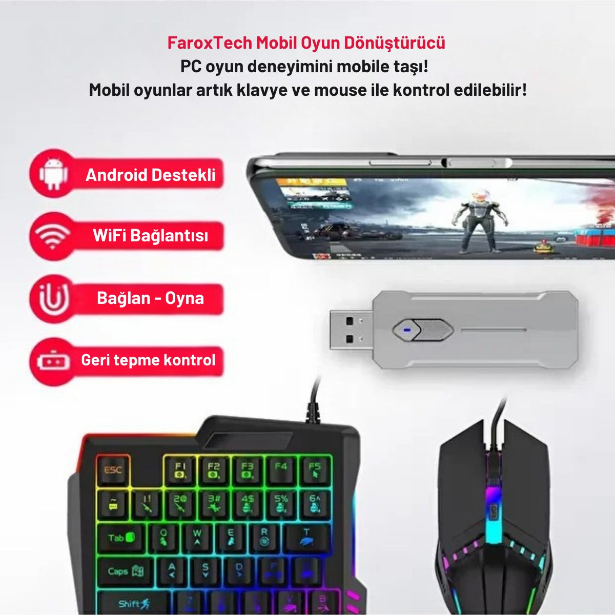 5’i 1 Arada Mobil Oyun Seti | RGB Mouse, Tek Elle Klavye, Telefon Tutucu & Mouse Pad