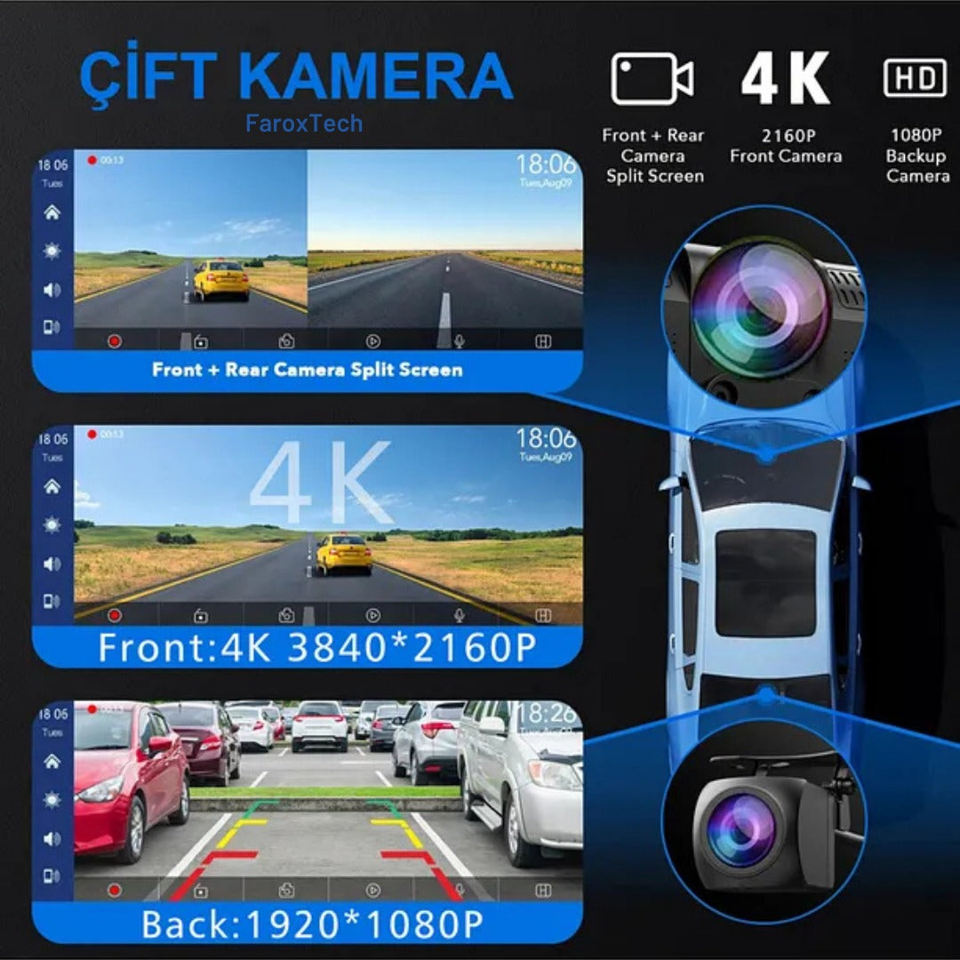 UHD 4K 360° Döner Lensli Araç Kamerası – İç/Dış Mod, Mikrofonlu