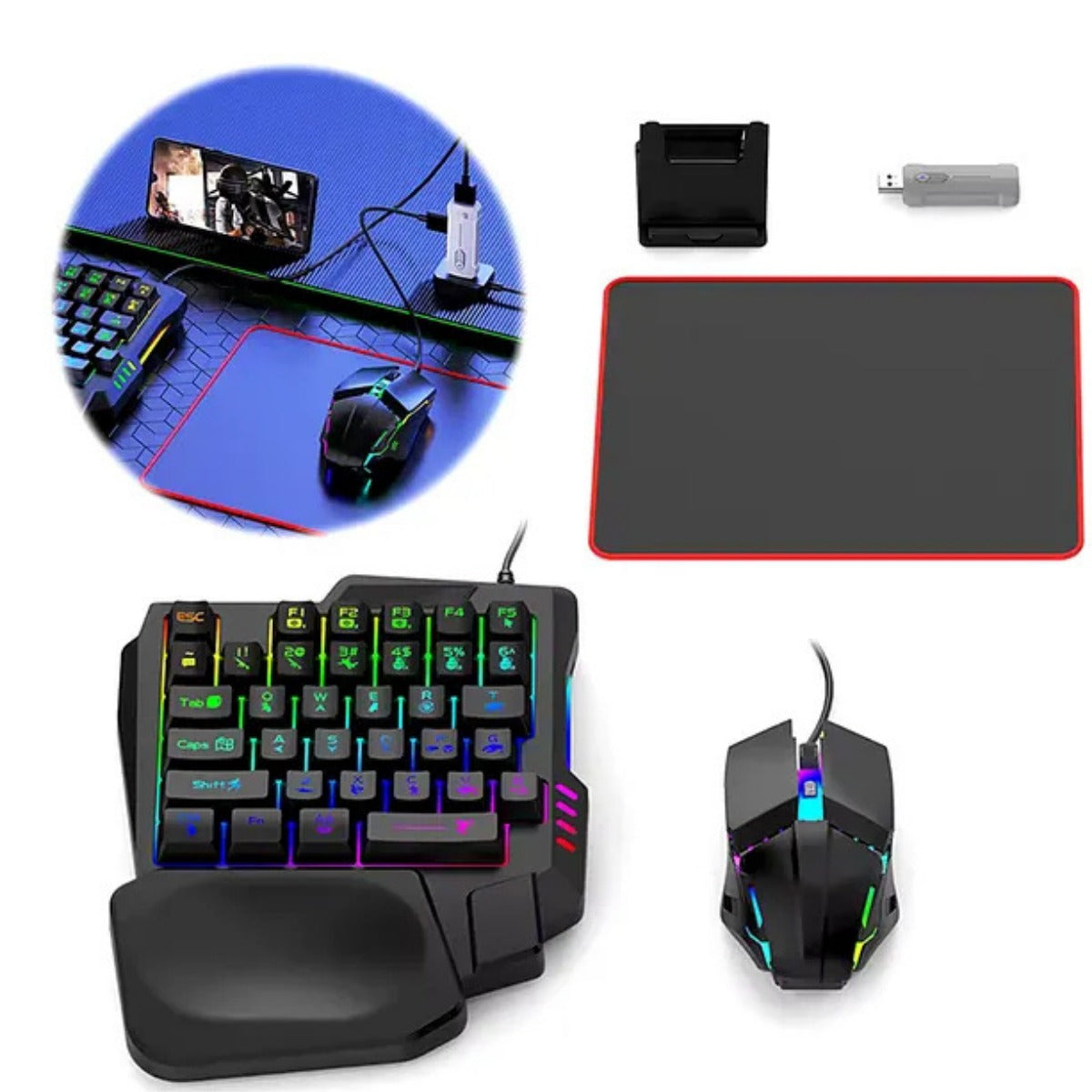 5’i 1 Arada Mobil Oyun Seti | RGB Mouse, Tek Elle Klavye, Telefon Tutucu & Mouse Pad