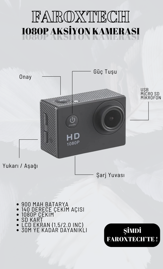1080P Full HD Aksiyon Kamerası – Su Geçirmez, Geniş Açılı, 30m Dayanıklı