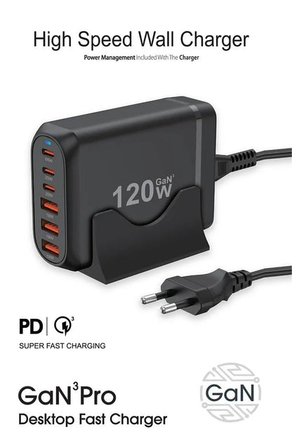 120W GaN³ Çoklu USB Hızlı Şarj Adaptörü | 6 Port PD & QC 3.0 Destekli Masaüstü Şarj Cihazı