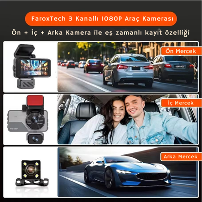 3 Kanallı 1080P FHD Araç Kamerası – Ön + İç + Arka Kayıt | Gece Görüşü | Süper Net Görüntü | Zorunlu Araç Kamerası