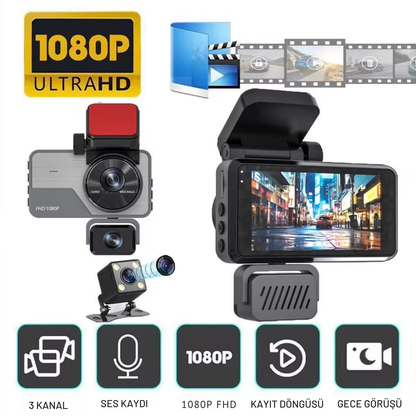 3 Kanallı 1080P FHD Araç Kamerası – Ön + İç + Arka Kayıt | Gece Görüşü | Süper Net Görüntü | Zorunlu Araç Kamerası
