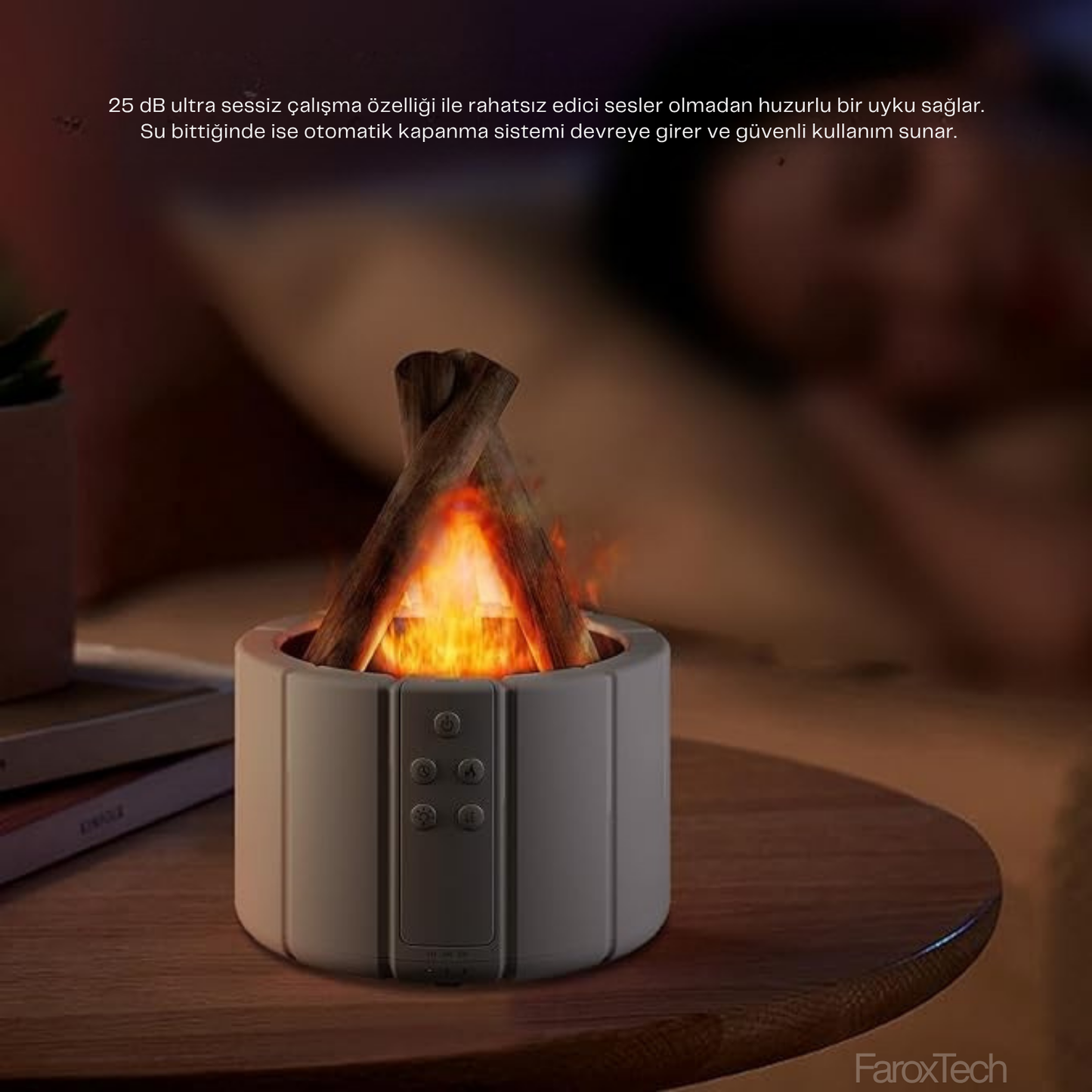 4’ü 1 Arada Alev Efektli Difüzör | Nemlendirici, Difüzör, Gece Lambası & Ortam Işığı