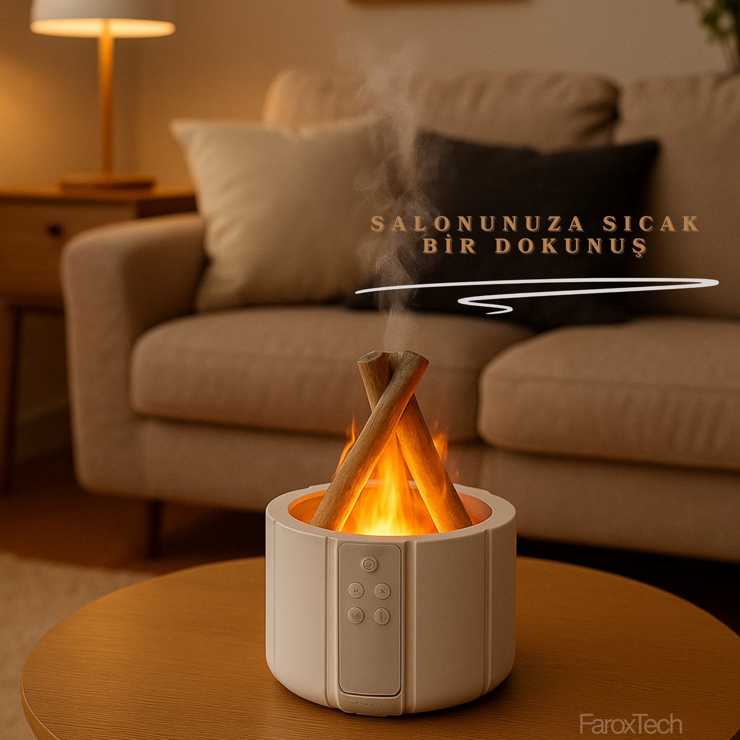 4’ü 1 Arada Alev Efektli Difüzör | Nemlendirici, Difüzör, Gece Lambası & Ortam Işığı