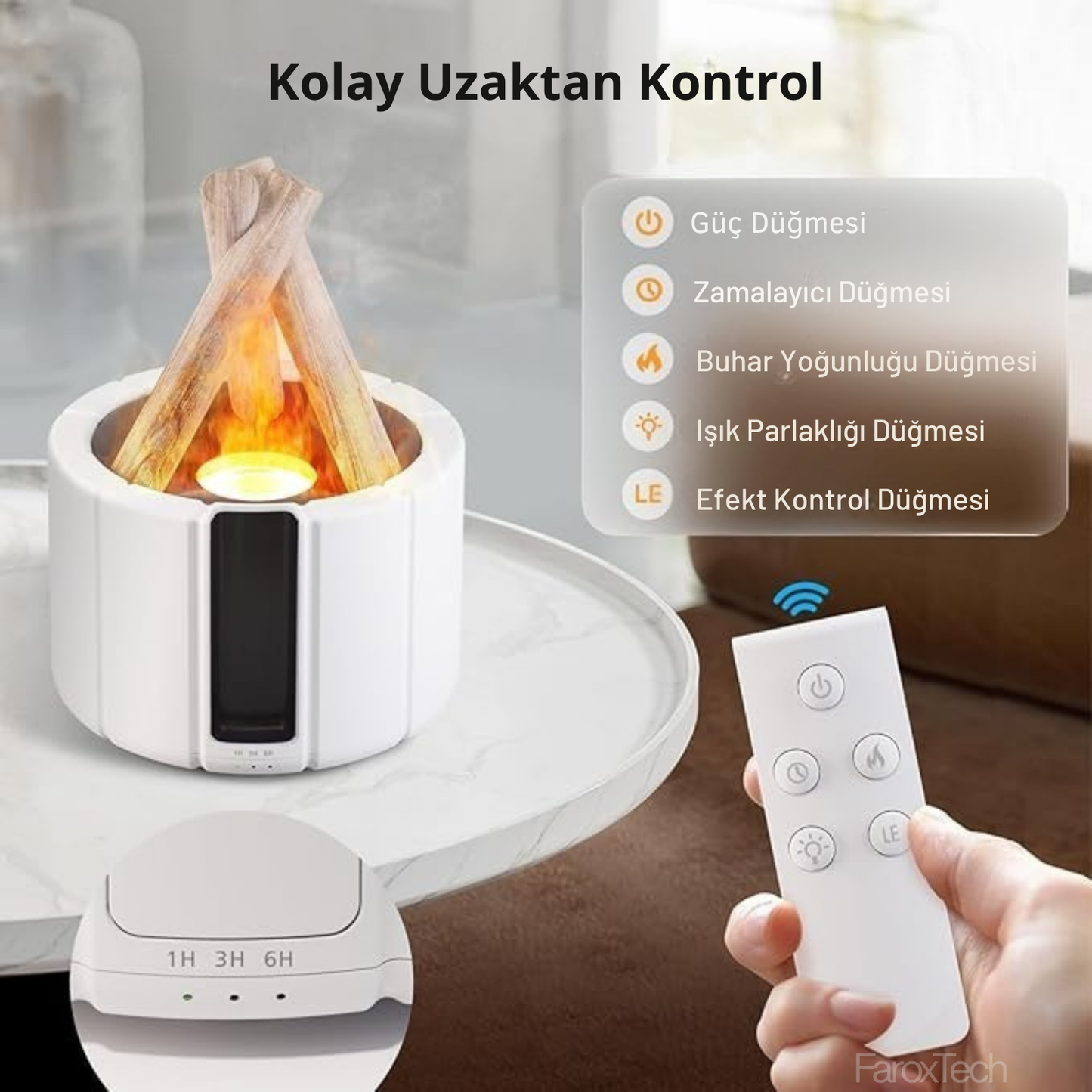 4’ü 1 Arada Alev Efektli Difüzör | Nemlendirici, Difüzör, Gece Lambası & Ortam Işığı