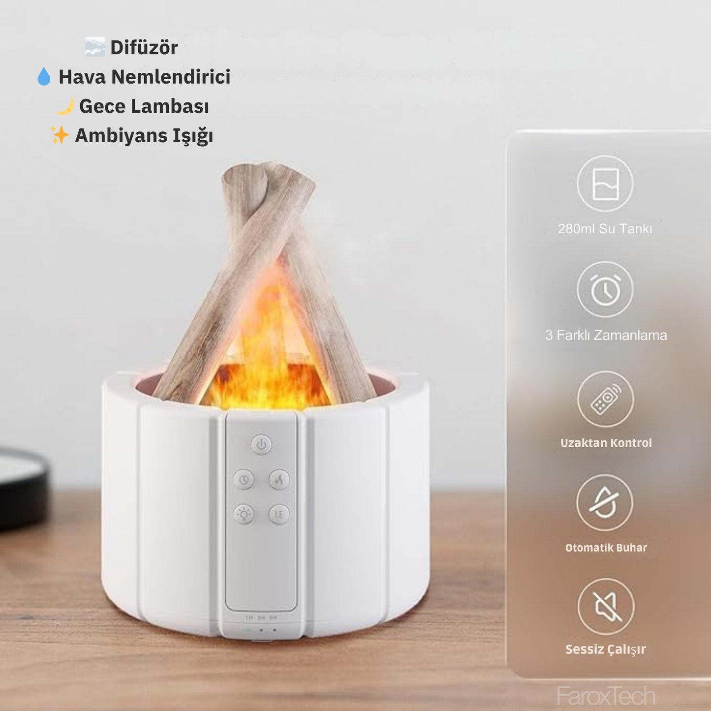 4’ü 1 Arada Alev Efektli Difüzör | Nemlendirici, Difüzör, Gece Lambası & Ortam Işığı