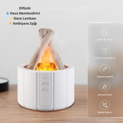 4’ü 1 Arada Alev Efektli Difüzör | Nemlendirici, Difüzör, Gece Lambası & Ortam Işığı