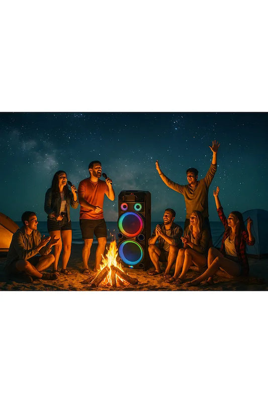 Kamp – Parti – Karaoke İçin Dev Speaker | 3000W LED Işıklı Bluetooth Hoparlör | 2 Mikrofonlu