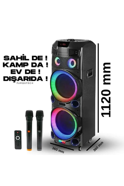 Kamp – Parti – Karaoke İçin Dev Speaker | 3000W LED Işıklı Bluetooth Hoparlör | 2 Mikrofonlu