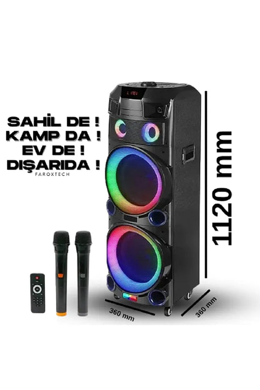 Kamp – Parti – Karaoke İçin Dev Speaker | 3000W LED Işıklı Bluetooth Hoparlör | 2 Mikrofonlu