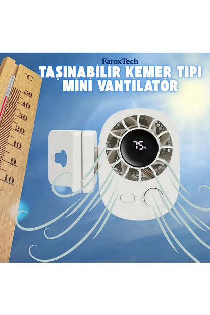 Taşınabilir Kemer Tipi Mini Vantilatör | Şarjlı ve Dijital Ekranlı Kişisel Soğutucu Fan