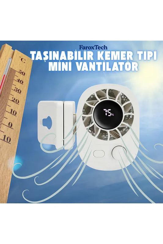 Taşınabilir Kemer Tipi Mini Vantilatör | Şarjlı ve Dijital Ekranlı Kişisel Soğutucu Fan
