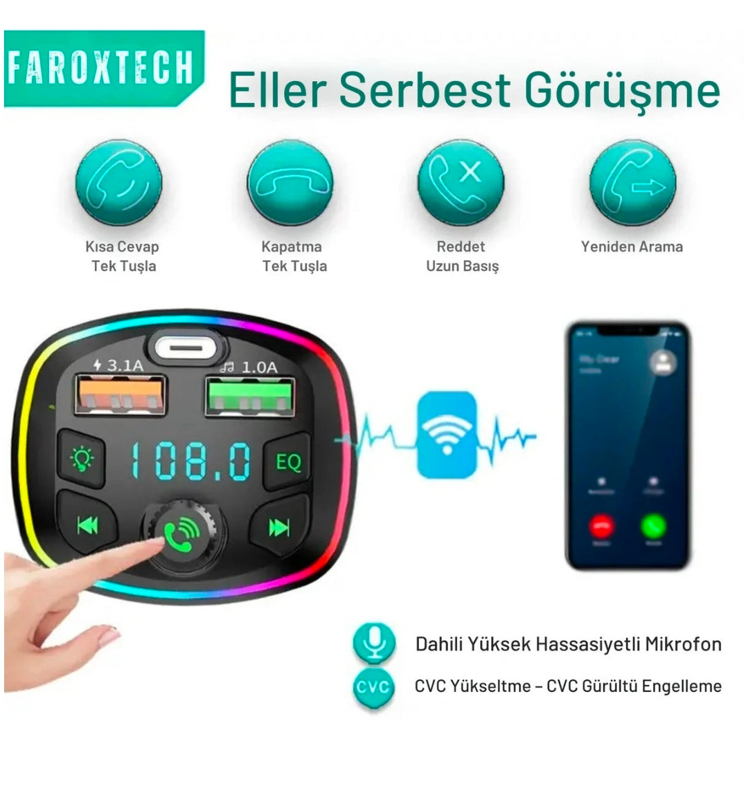 Bluetooth FM Transmitter Araba Çakmaklık | Hızlı Şarj