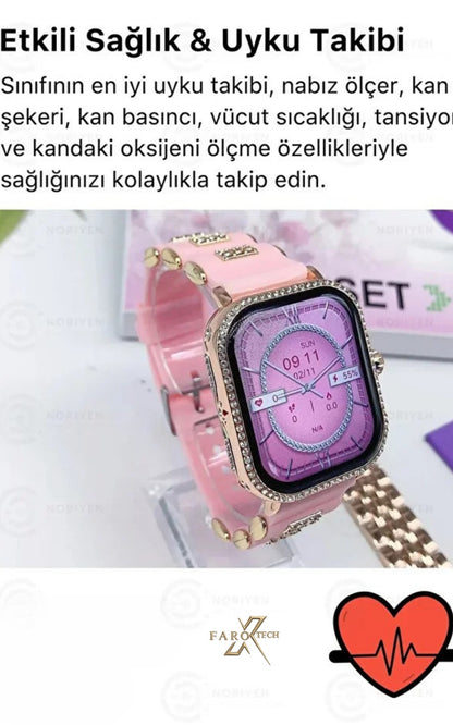 3’ü 1 Arada Akıllı Saat Seti – Şık Kadın Kol Saati + 3 Farklı Kordon | Nabız Ölçer, Adım Sayar, Bildirim Takibi